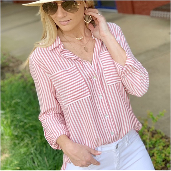 ✨LAST ONE✨Red striped roll tab sleeve button up - Picture 6 of 8